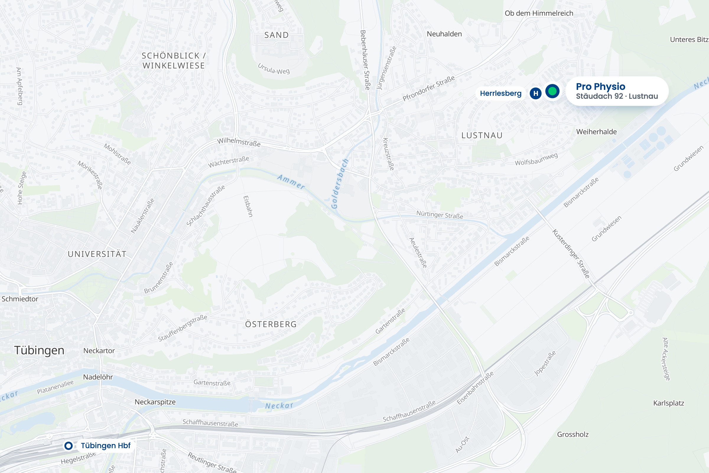 Straßenkarte von Tübingen-Lustnau mit der Lage der Praxis Pro Physio am Stäudach 92